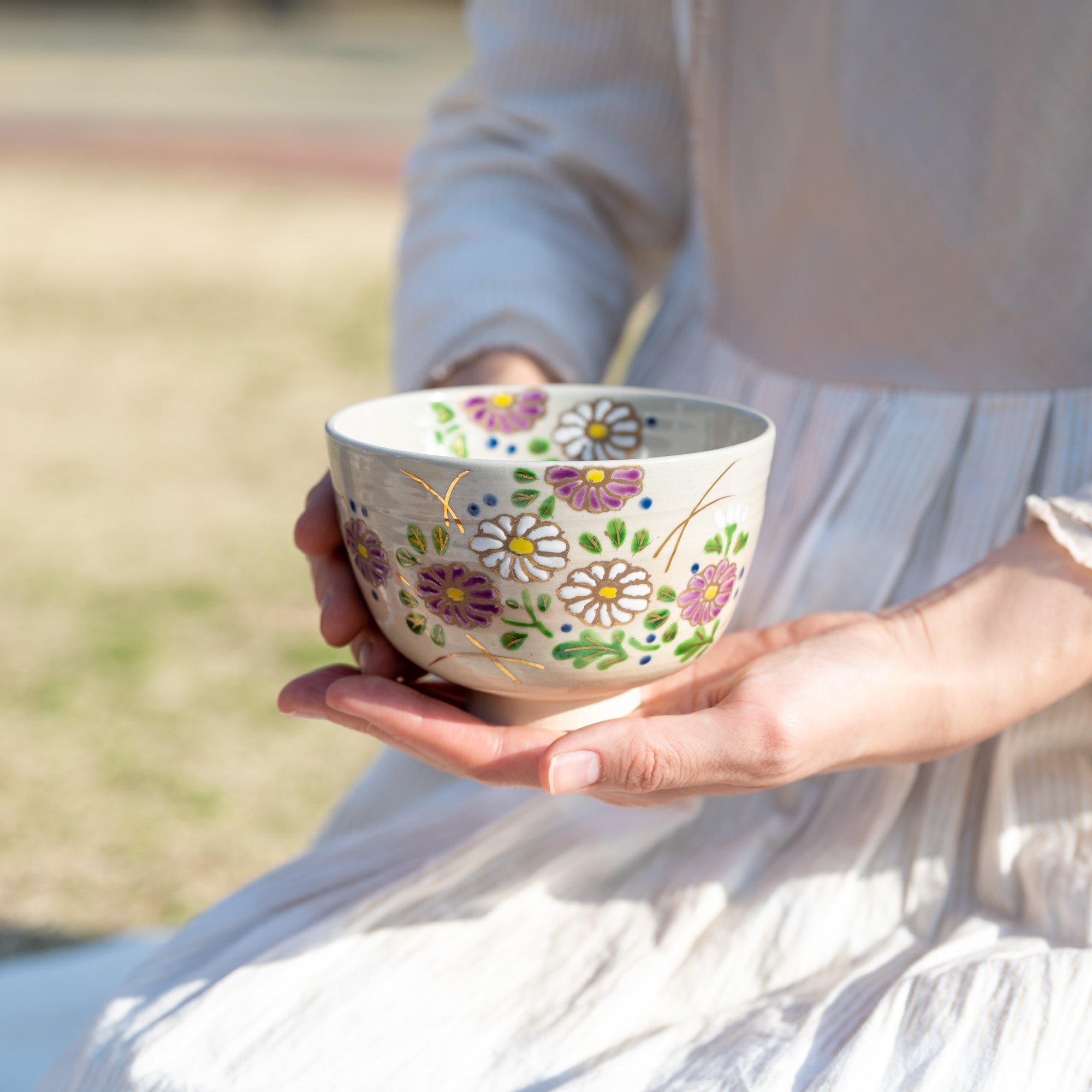 Tanaka Toubou Cosmos Flowers Kyo Ware Matcha Bowl Chawan - MUSUBI KILN - Quality Japanese Tableware and Gift