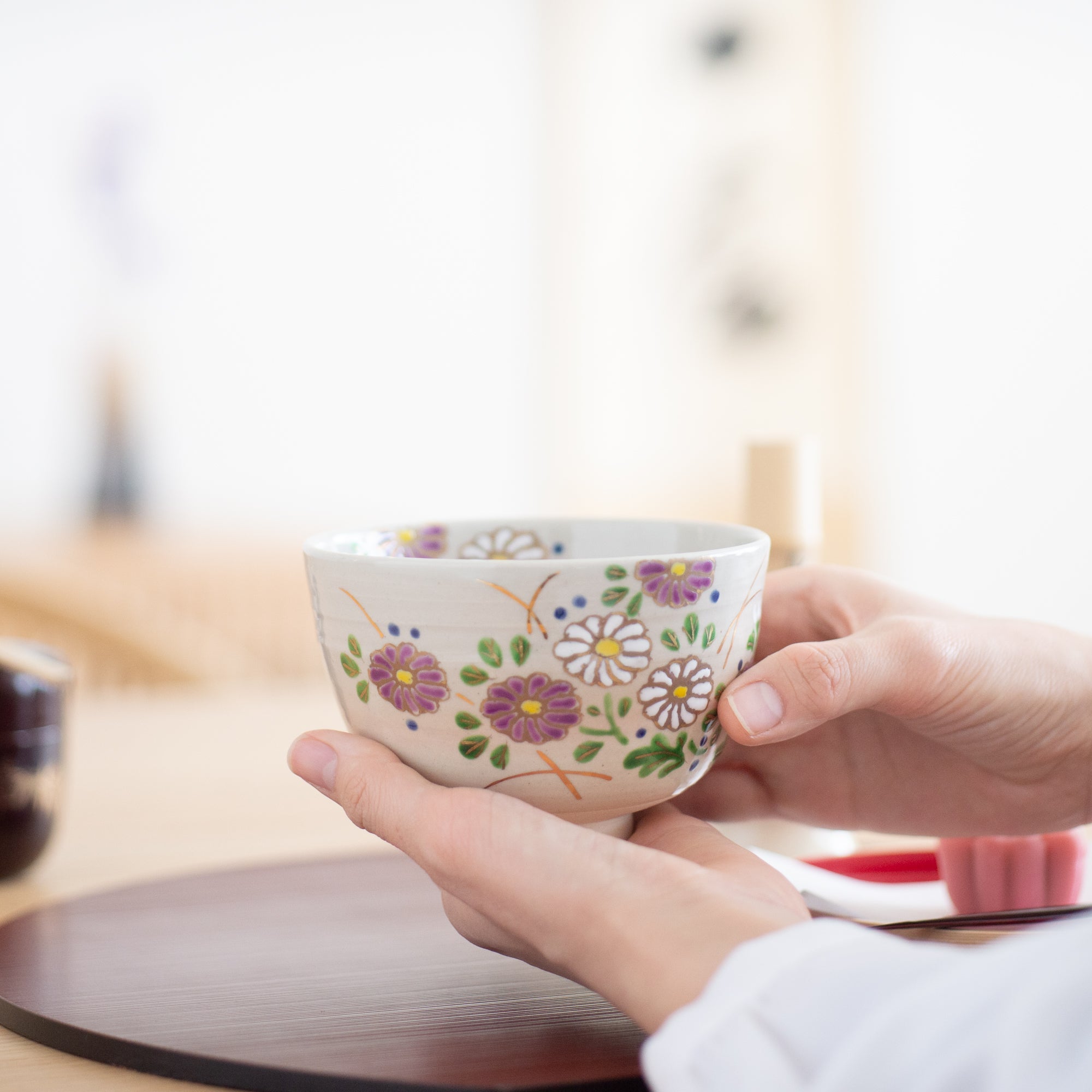 Tanaka Toubou Cosmos Flowers Kyo Ware Matcha Bowl Chawan - MUSUBI KILN - Quality Japanese Tableware and Gift