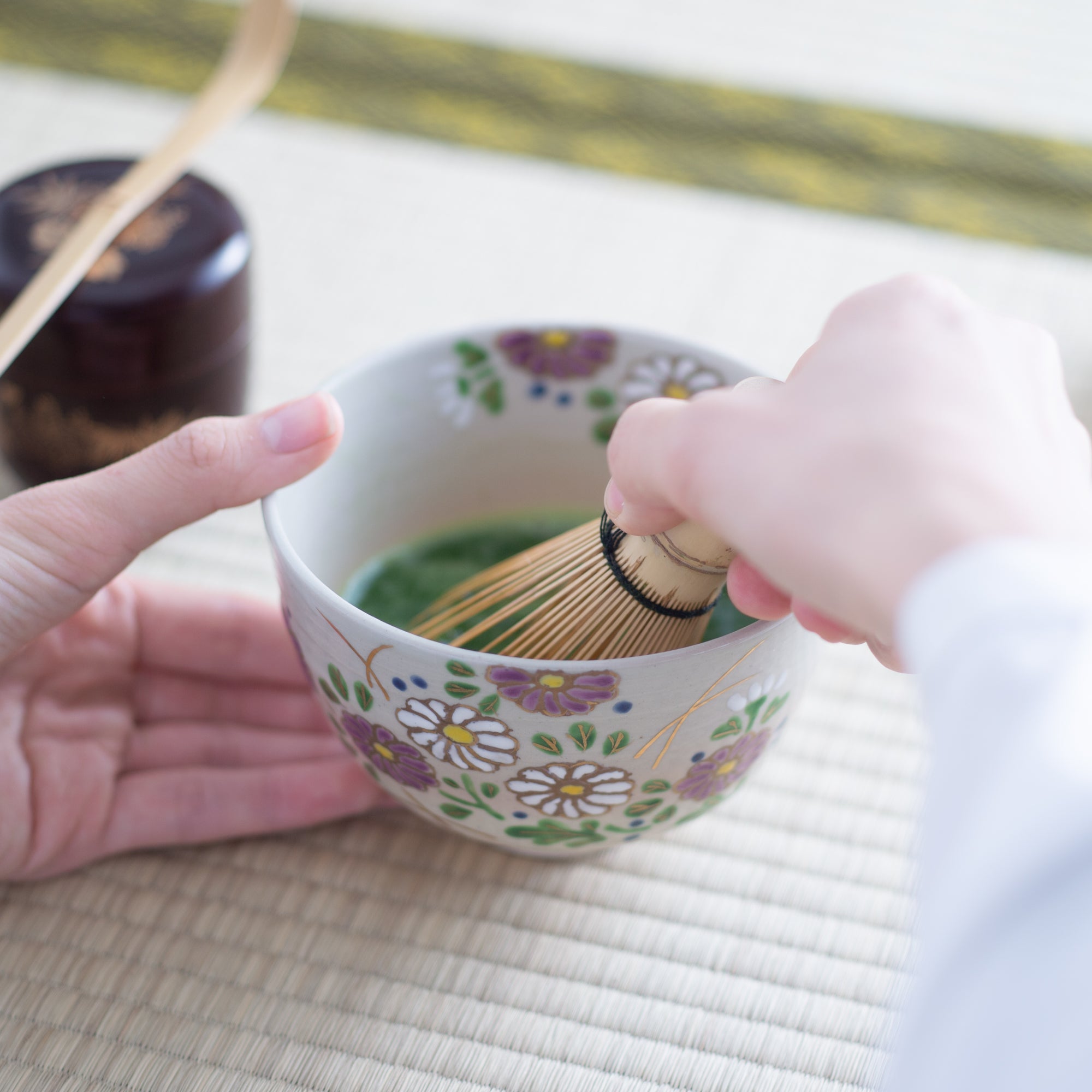 Tanaka Toubou Cosmos Flowers Kyo Ware Matcha Bowl Chawan - MUSUBI KILN - Quality Japanese Tableware and Gift