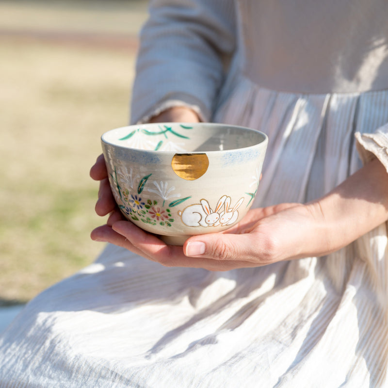 Tanaka Toubou Rabbit and Moon Kyo Ware Matcha Bowl Chawan - MUSUBI KILN - Quality Japanese Tableware and Gift