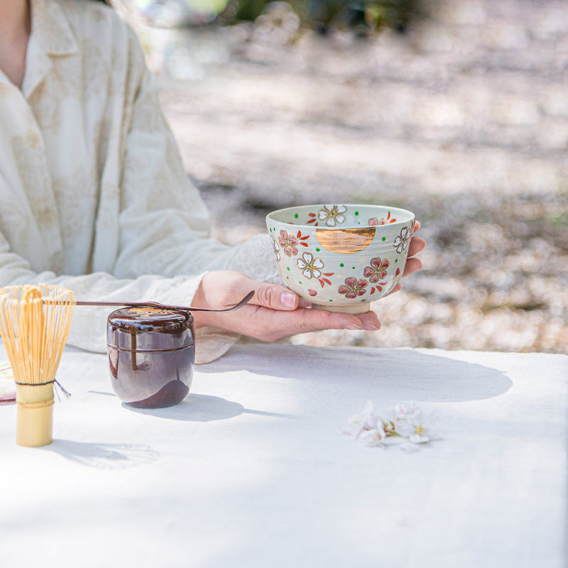 Tanaka Toubou Sakura and Moon Kyo Ware Matcha Bowl Chawan - MUSUBI KILN - Quality Japanese Tableware and Gift