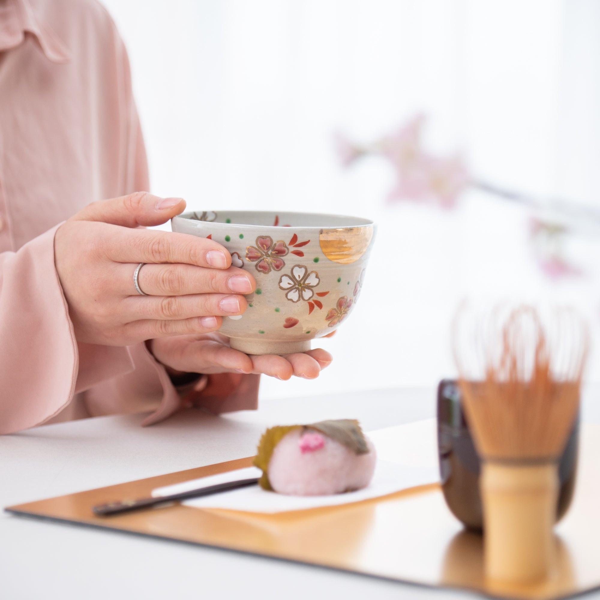 Tanaka Toubou Sakura and Moon Kyo Ware Matcha Bowl Chawan - MUSUBI KILN - Quality Japanese Tableware and Gift