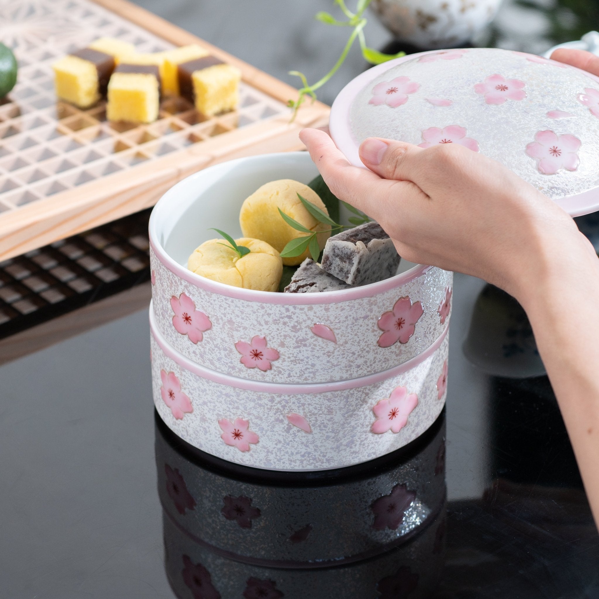 Tasei Kiln Lustrous Pink Sakura Arita Ware Two Tiers Jubako Bento Box - MUSUBI KILN - Quality Japanese Tableware and Gift