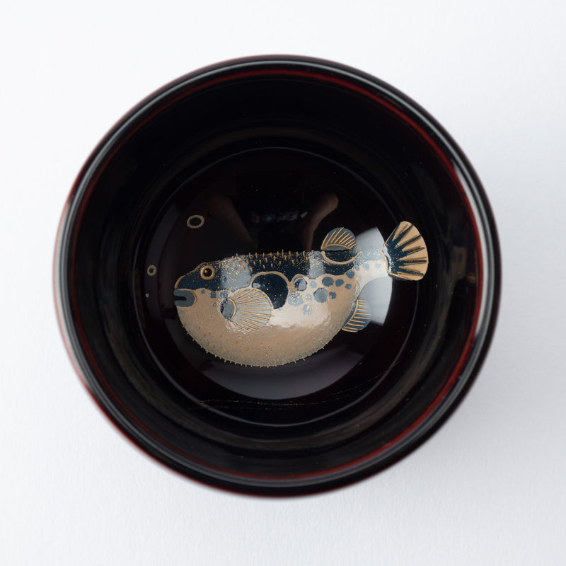 Taya Shikkiten Swimming Pufferfish Wajima Lacquerware Guinomi Sake Cup - MUSUBI KILN - Quality Japanese Tableware and Gift