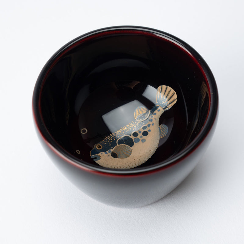 Taya Shikkiten Swimming Pufferfish Wajima Lacquerware Guinomi Sake Cup - MUSUBI KILN - Quality Japanese Tableware and Gift