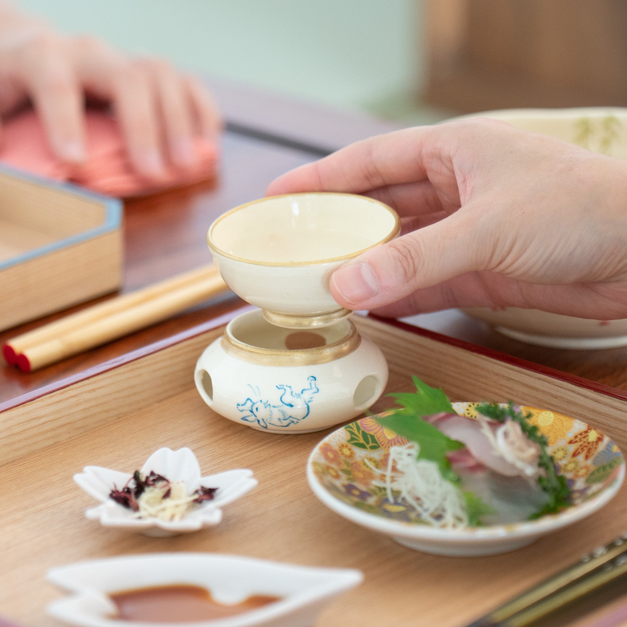 Tosen Kiln Kozan - ji Temple Choju Giga Kiyomizu Ware Sakazuki Flat Sake Cup with Stand - MUSUBI KILN - Quality Japanese Tableware and Gift