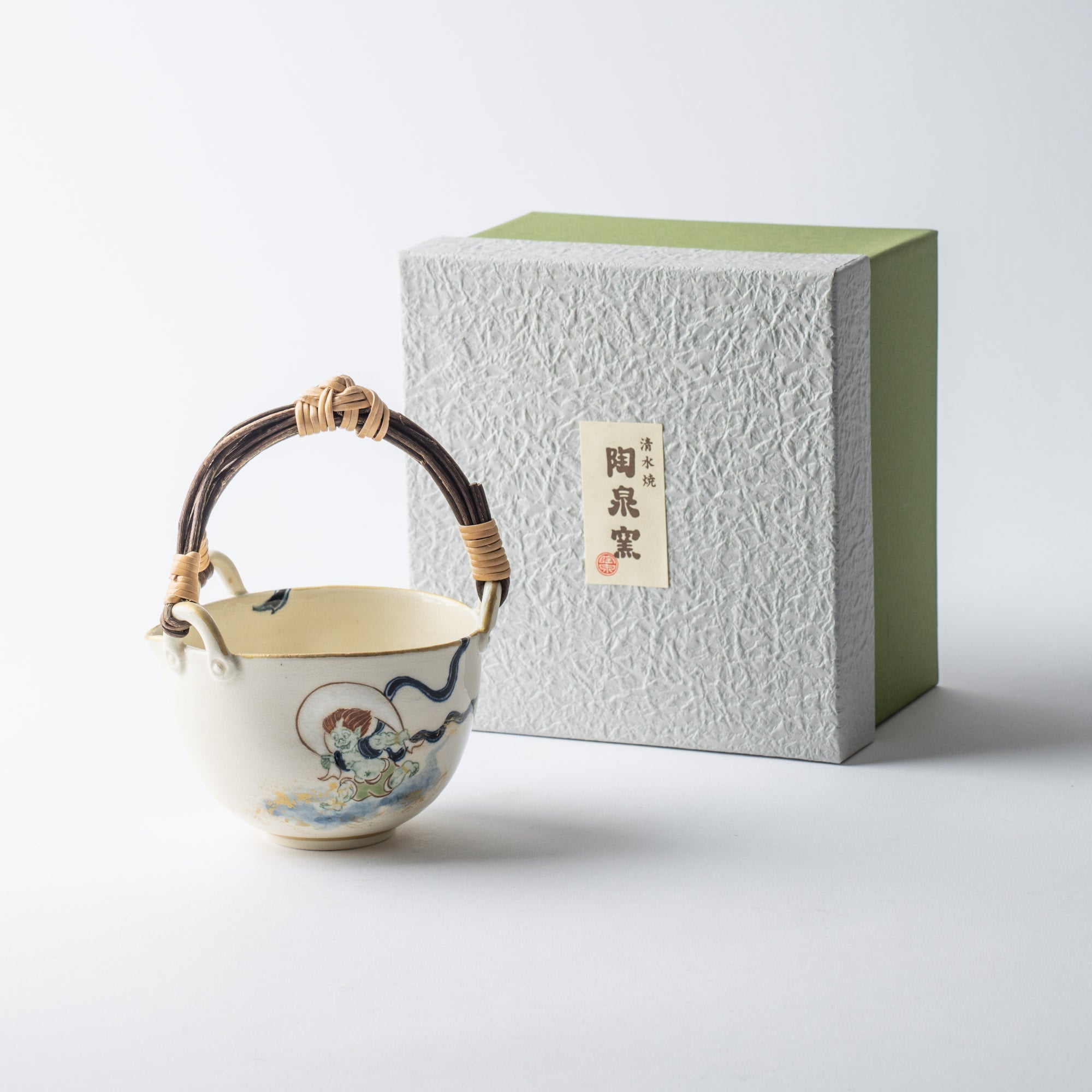 Tosen Kiln Wind God and Thunder God Kiyomizu Ware Katakuchi Sake Carafe - MUSUBI KILN - Quality Japanese Tableware and Gift