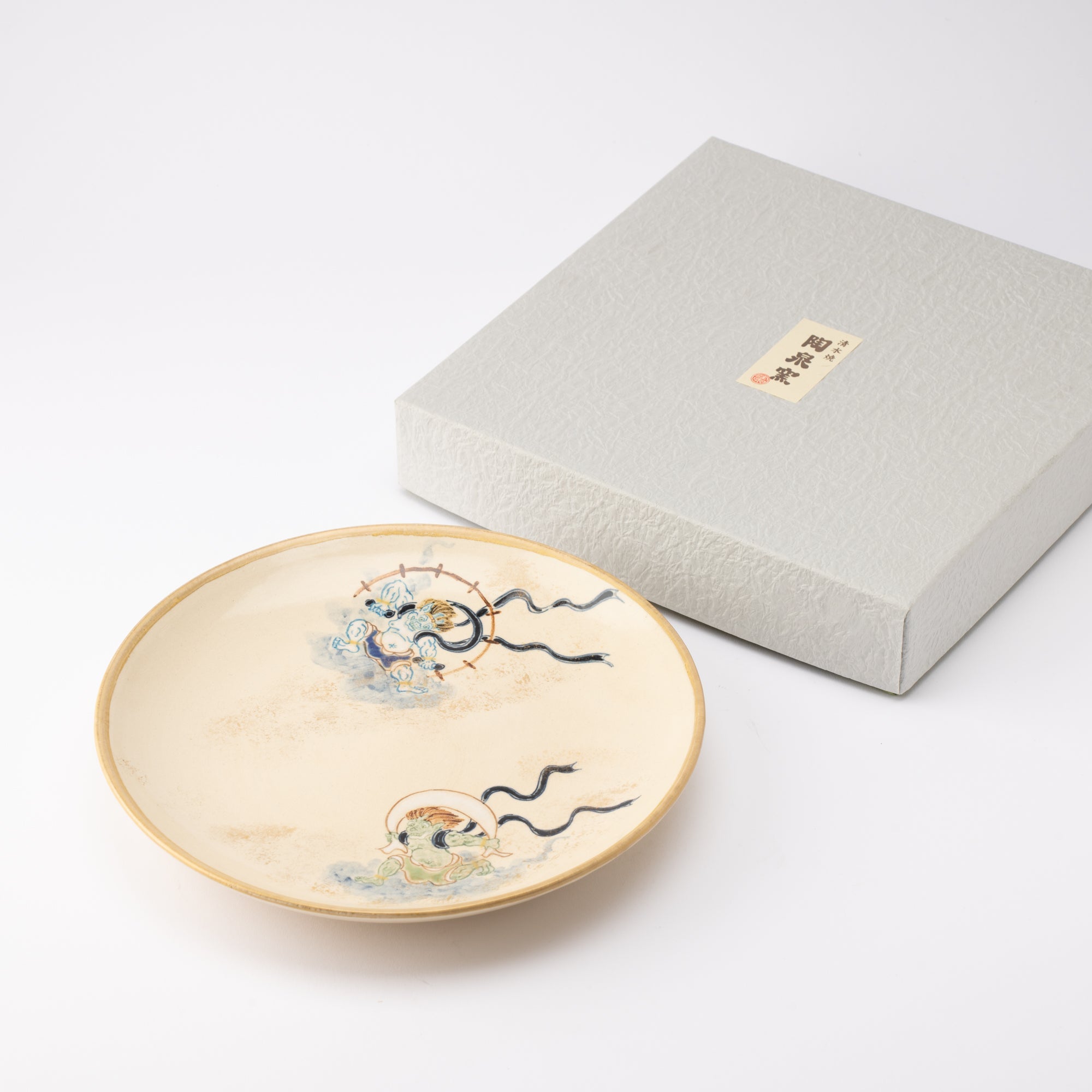 Tosen Kiln Wind God and Thunder God Kiyomizu Ware Plate 9.4in - MUSUBI KILN - Quality Japanese Tableware and Gift