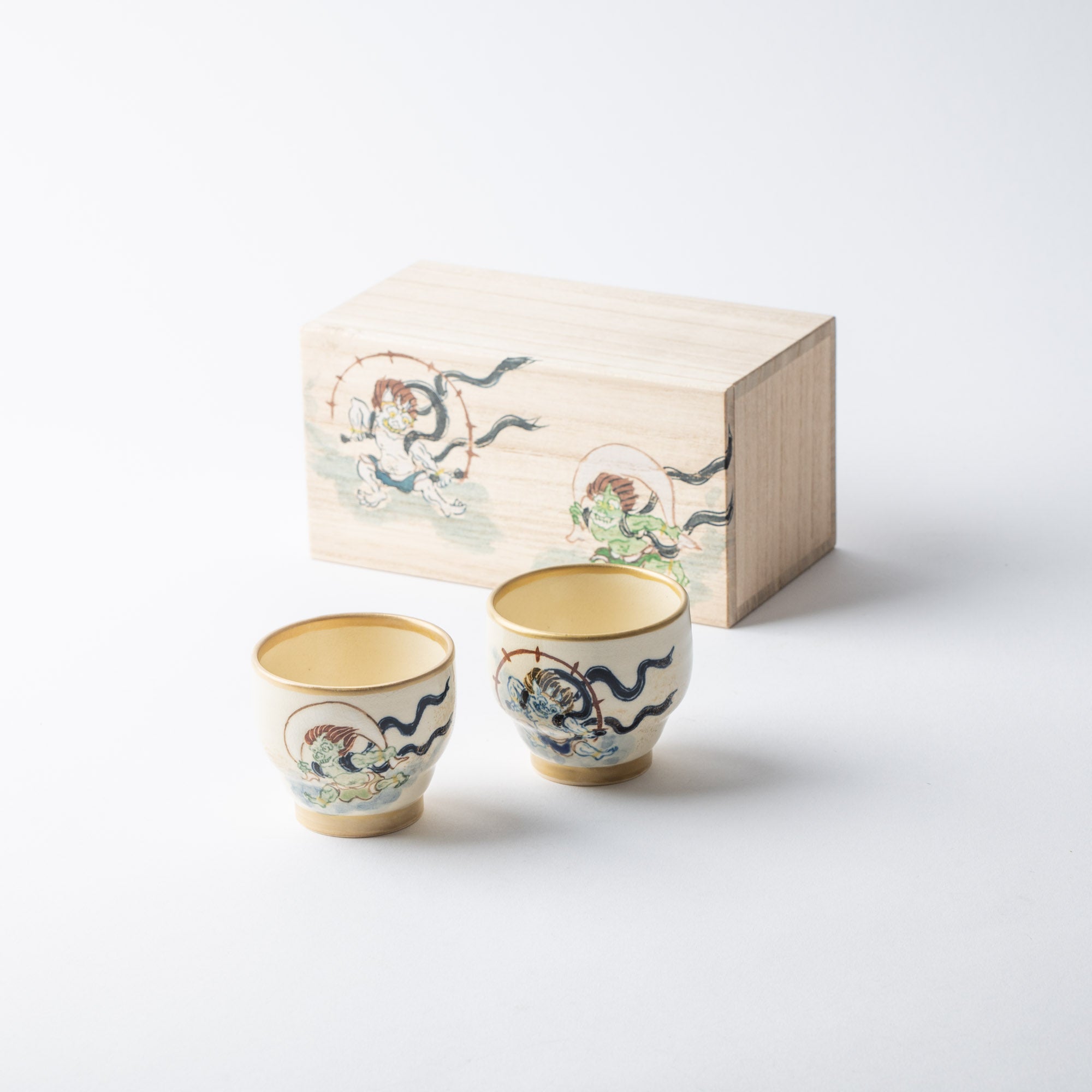 Tosen Kiln Wind God and Thunder God Kiyomizu Ware Sake Cup Pair - MUSUBI KILN - Quality Japanese Tableware and Gift