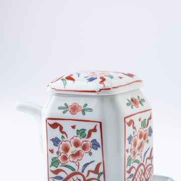 Touzan Kiln Nishiki Banreki Arita Ware Soy Sauce Dispenser and Saucer Set