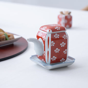 Touzan Kiln Nishiki Red Plum Blossom Arita Ware Soy Sauce Dispenser and Saucer Set