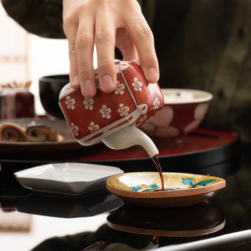 Touzan Kiln Nishiki Red Plum Blossom Arita Ware Soy Sauce Dispenser and Saucer Set