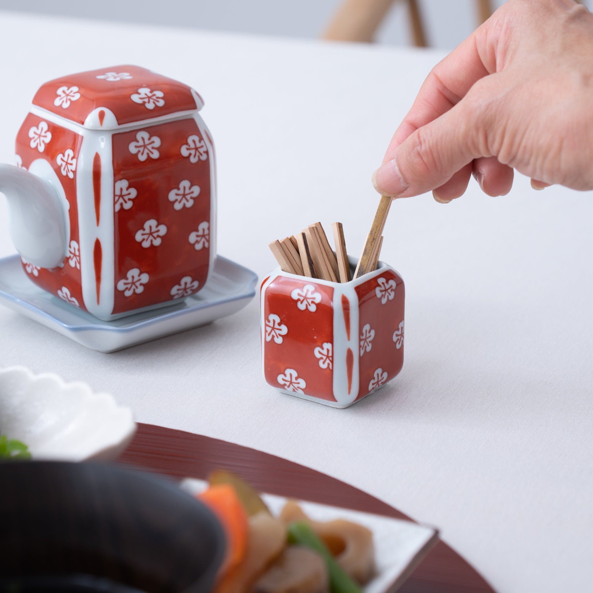 Touzan Kiln Nishiki Red Plum Blossom Arita Ware Toothpick Holder - MUSUBI KILN - Quality Japanese Tableware and Gift