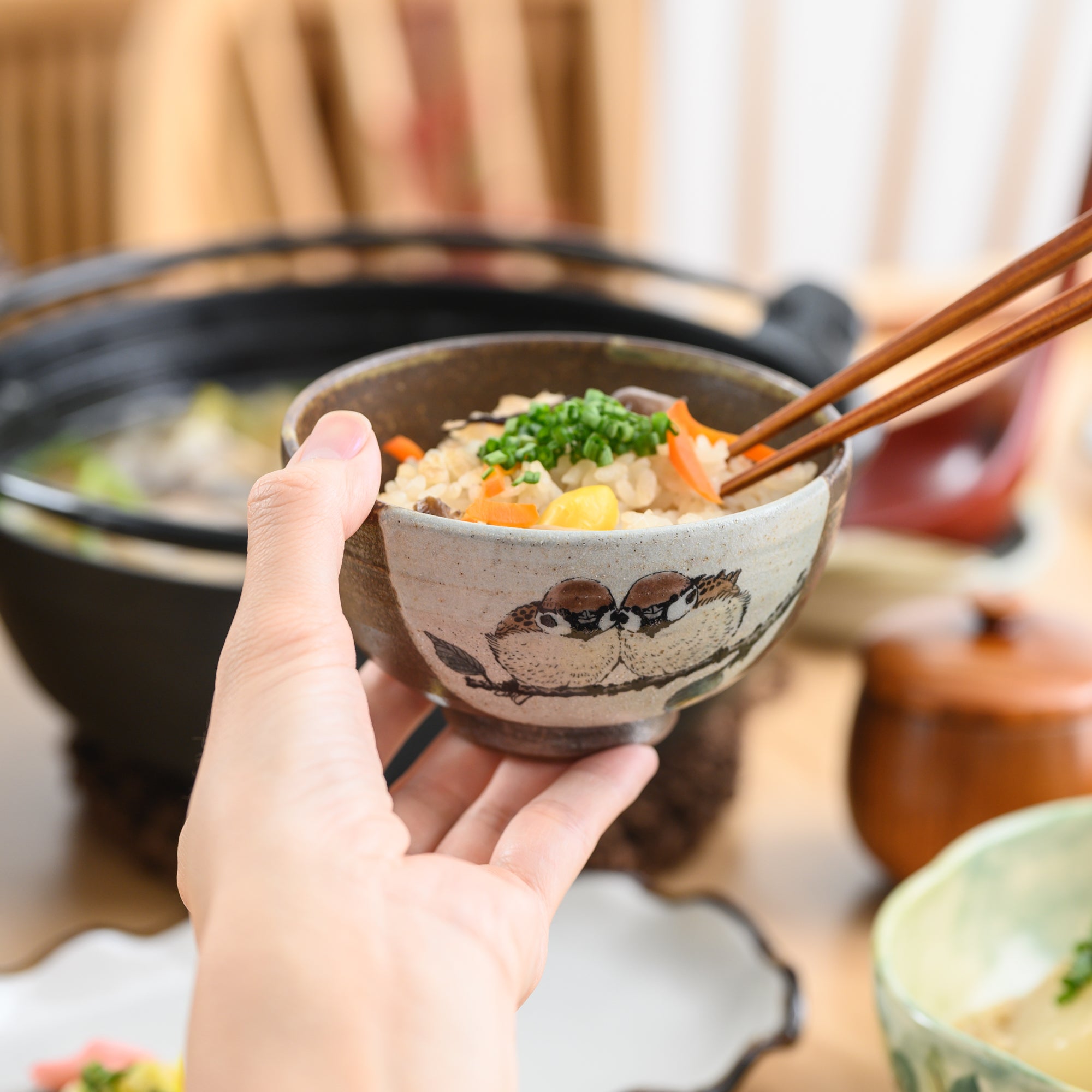 Twin Sparrows Kutani Japanese Rice Bowl Pair - MUSUBI KILN - Quality Japanese Tableware and Gift