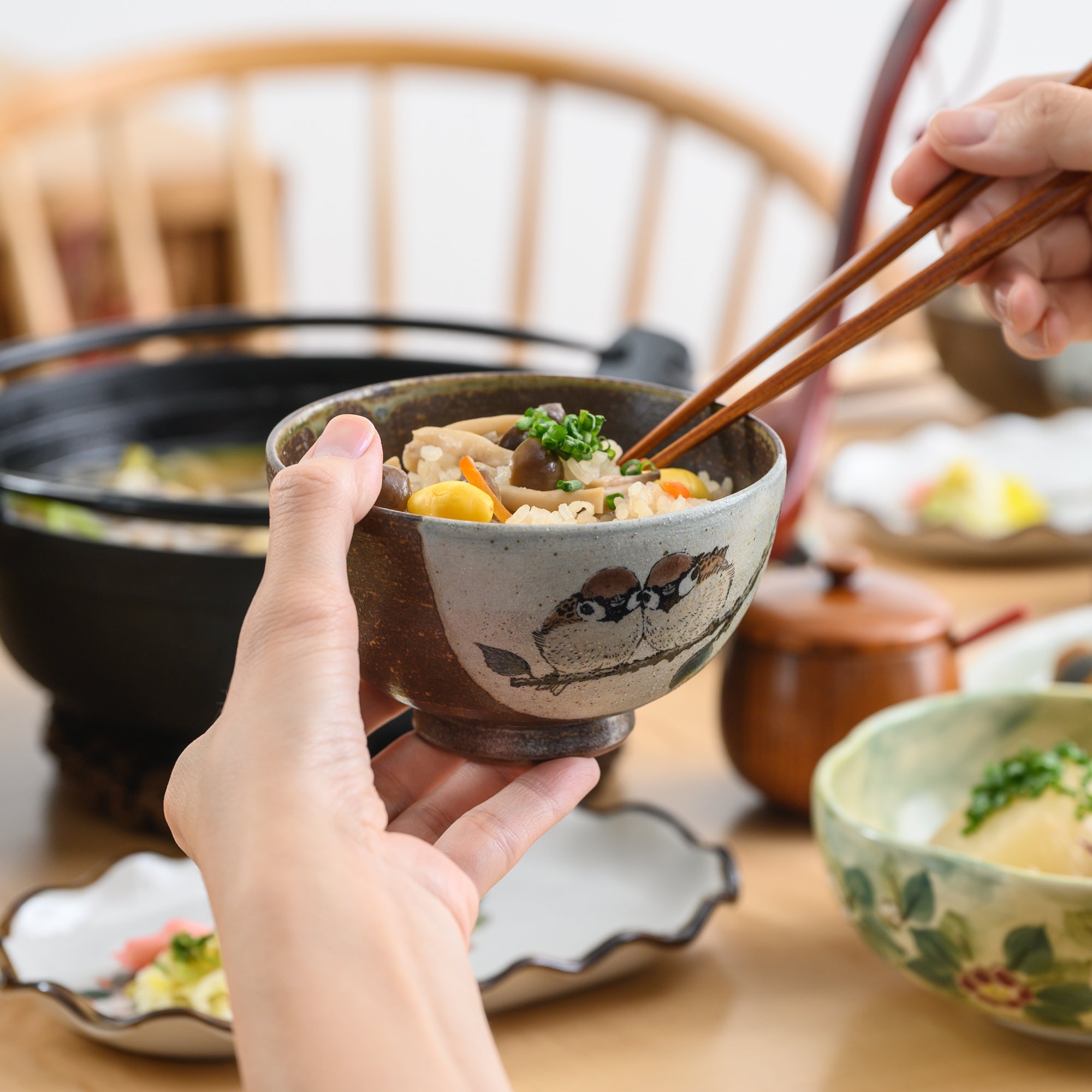 Twin Sparrows Kutani Japanese Rice Bowl Pair - MUSUBI KILN - Quality Japanese Tableware and Gift