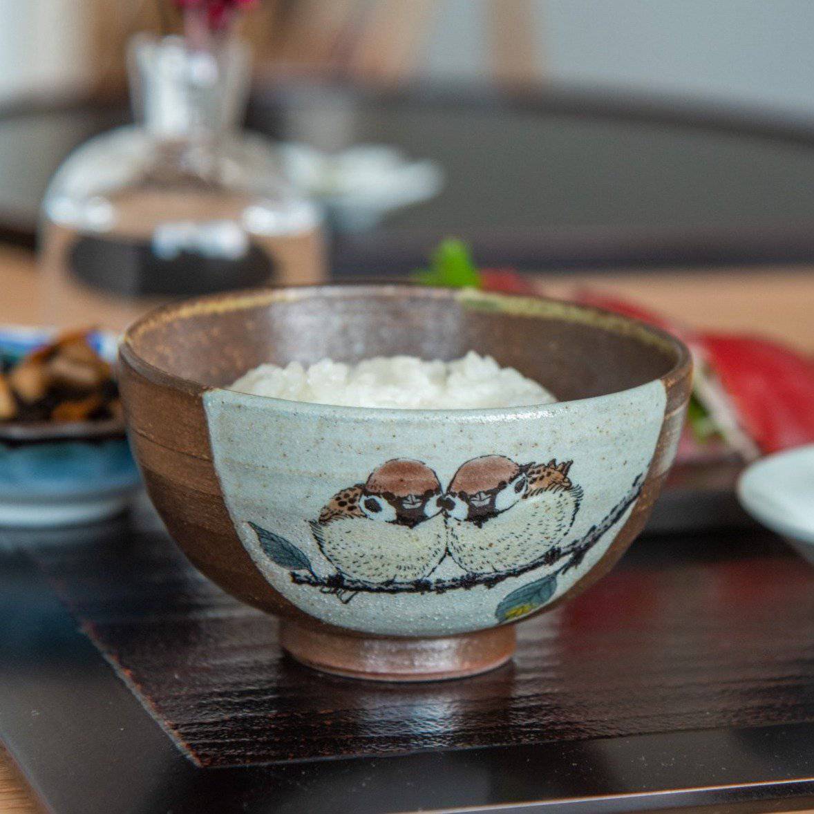 Twin Sparrows Kutani Japanese Rice Bowl Pair - MUSUBI KILN - Quality Japanese Tableware and Gift