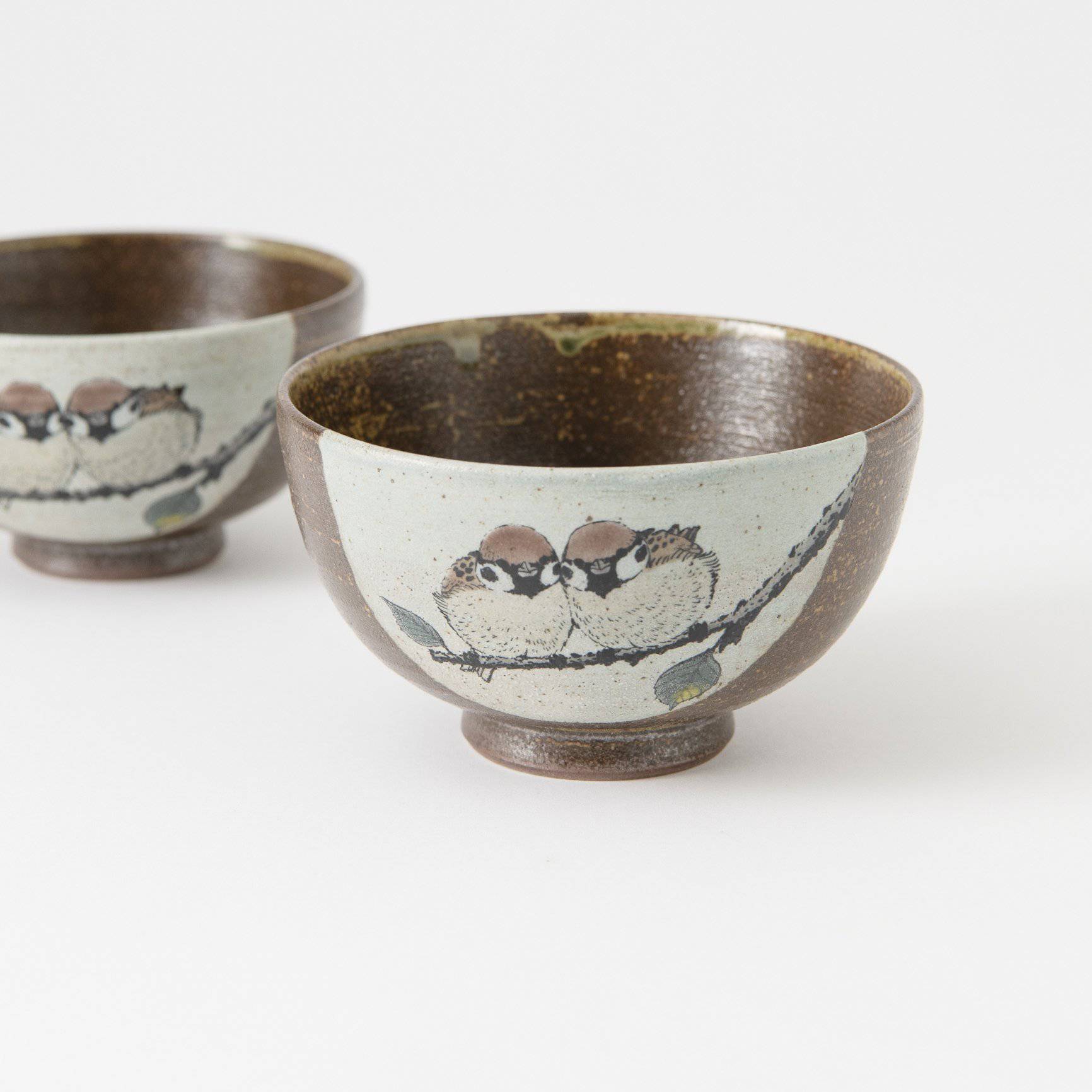 Twin Sparrows Kutani Japanese Rice Bowl Pair - MUSUBI KILN - Quality Japanese Tableware and Gift