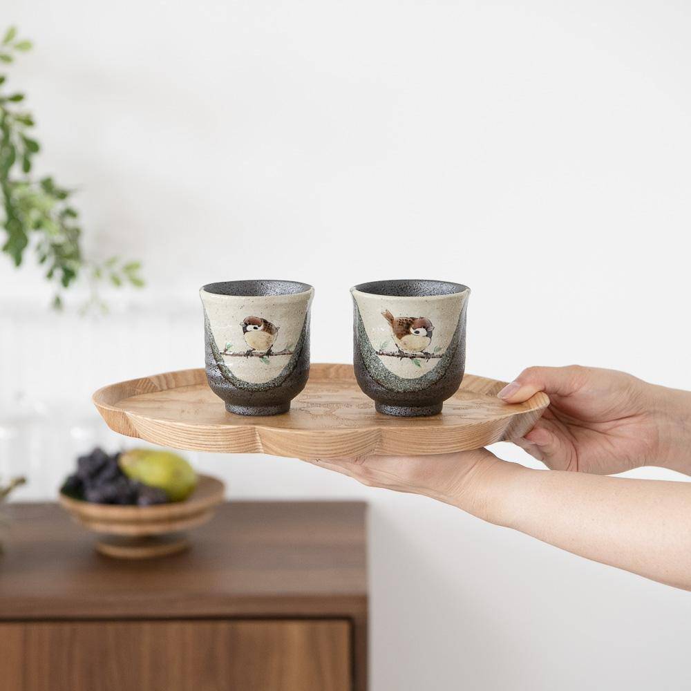 Twin Sparrows Kutani Yunomi Japanese Teacup Pair - MUSUBI KILN - Quality Japanese Tableware and Gift