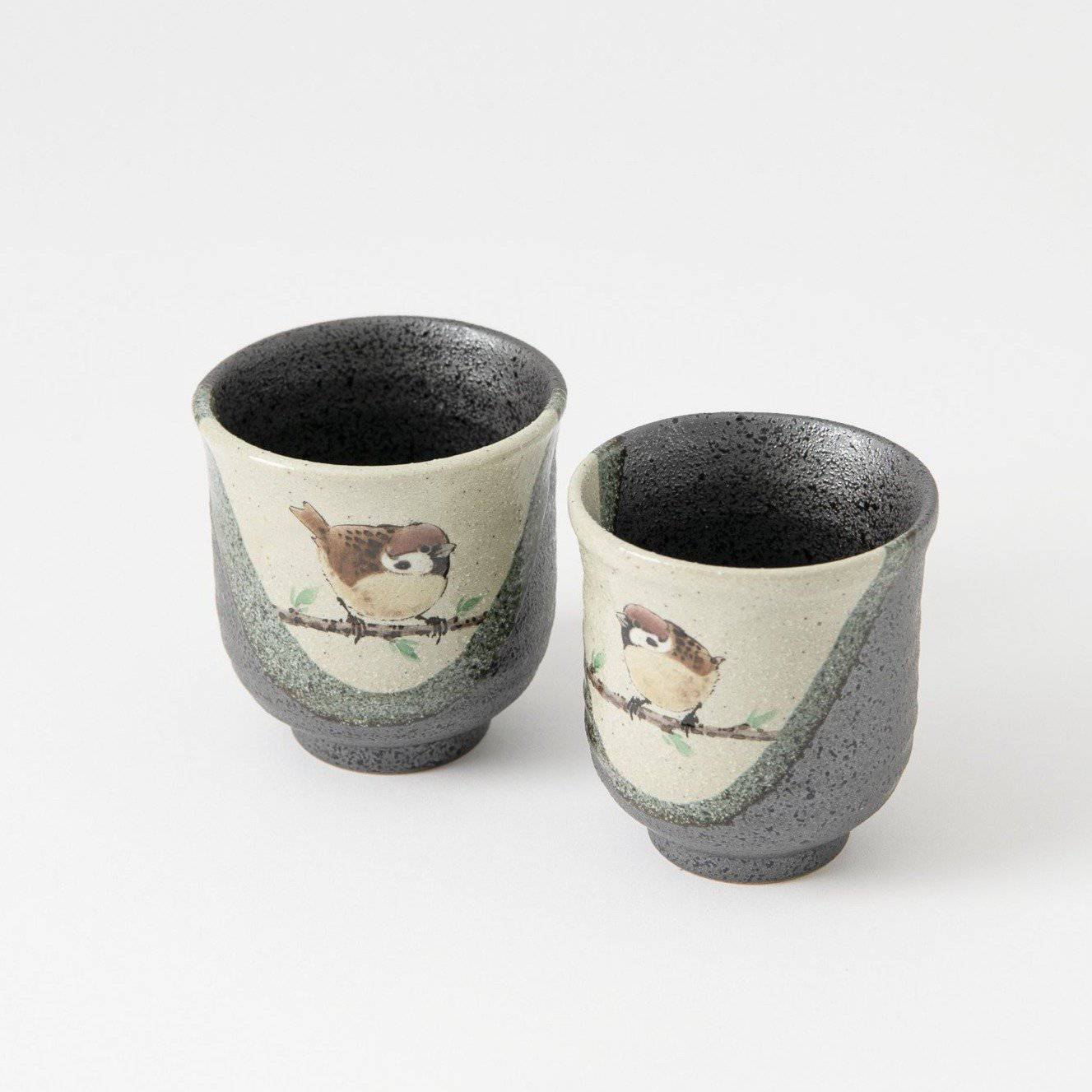 Twin Sparrows Kutani Yunomi Japanese Teacup Pair - MUSUBI KILN - Quality Japanese Tableware and Gift