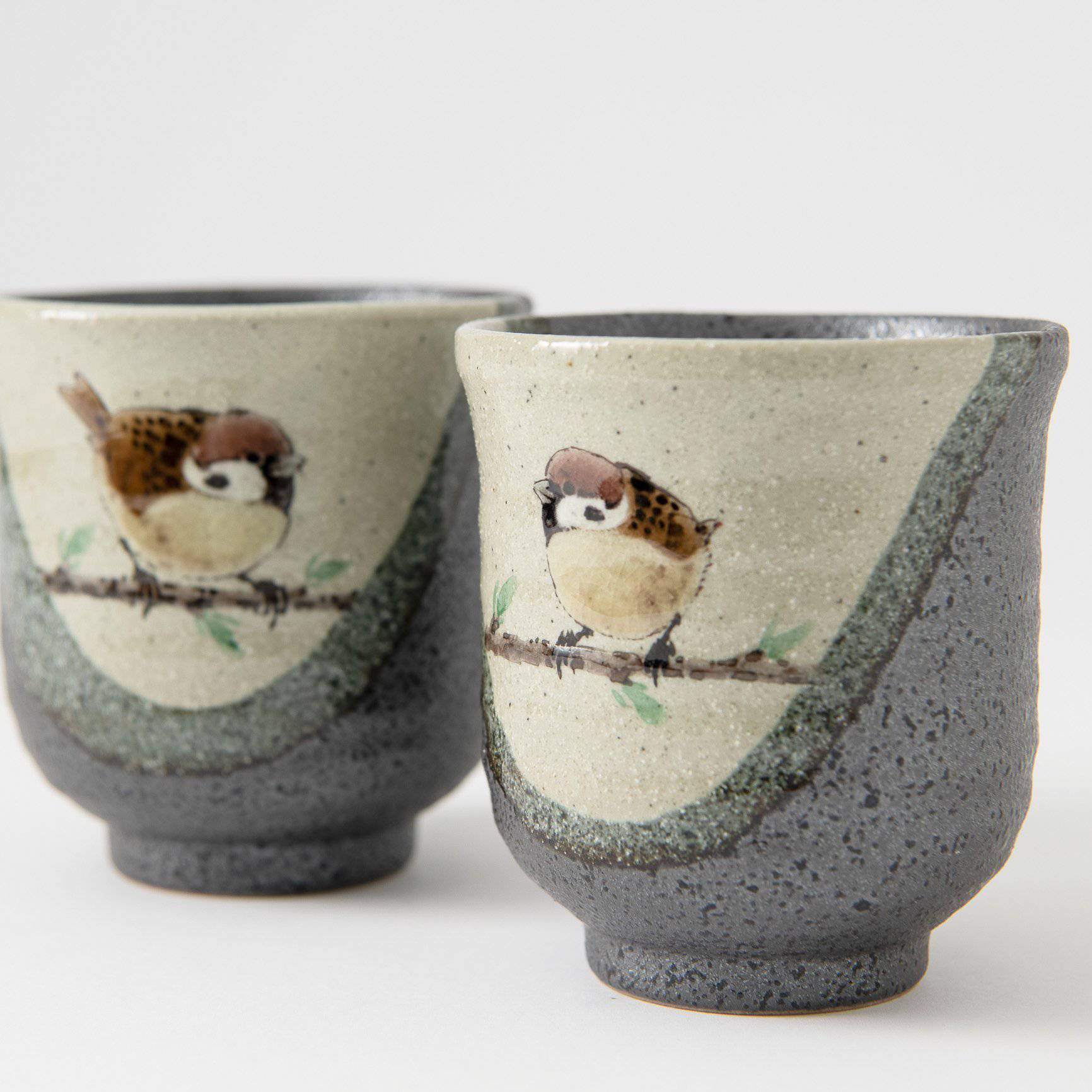 Twin Sparrows Kutani Yunomi Japanese Teacup Pair - MUSUBI KILN - Quality Japanese Tableware and Gift