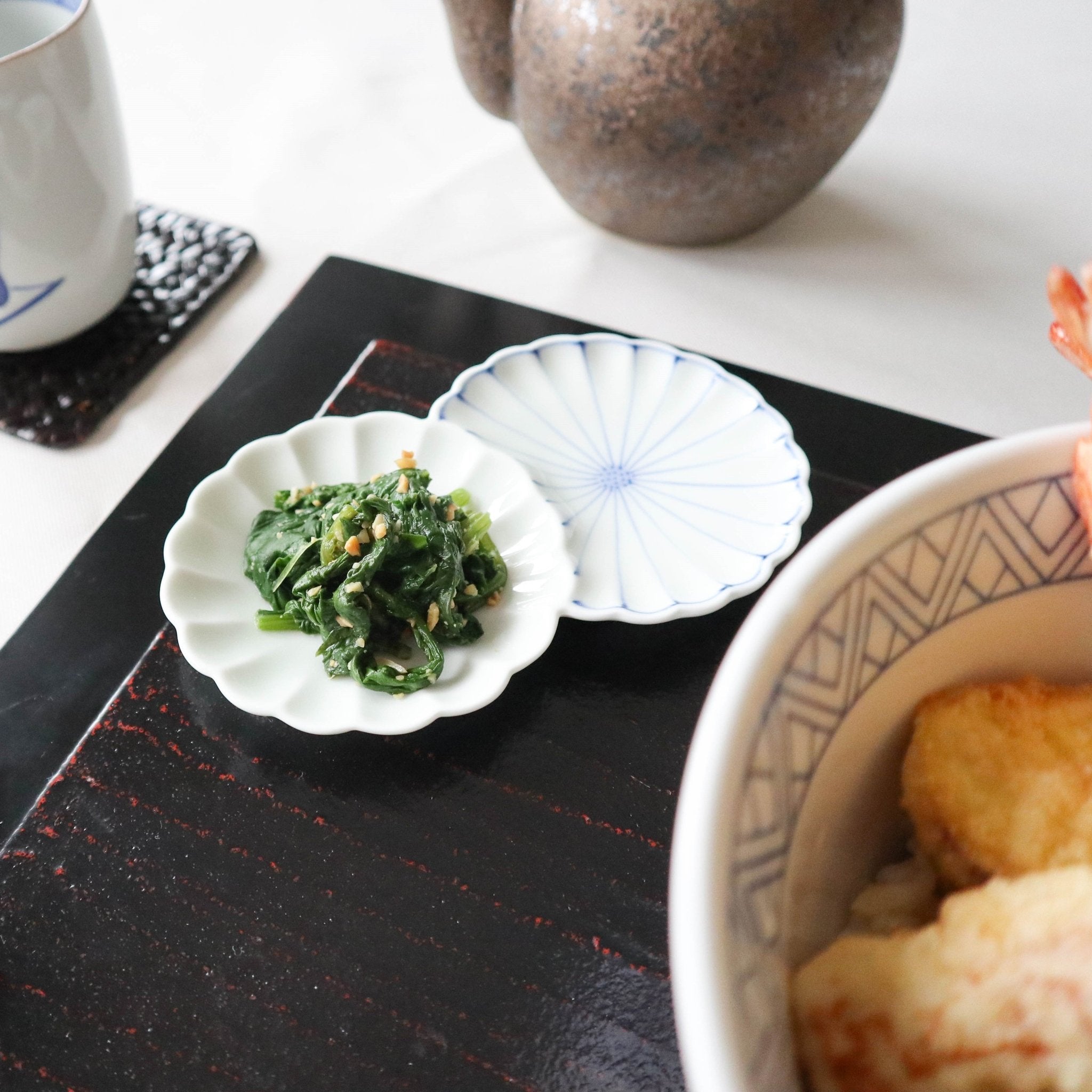 Two Chrysanthemum Radiate Hasami Sauce Plate - MUSUBI KILN - Quality Japanese Tableware and Gift