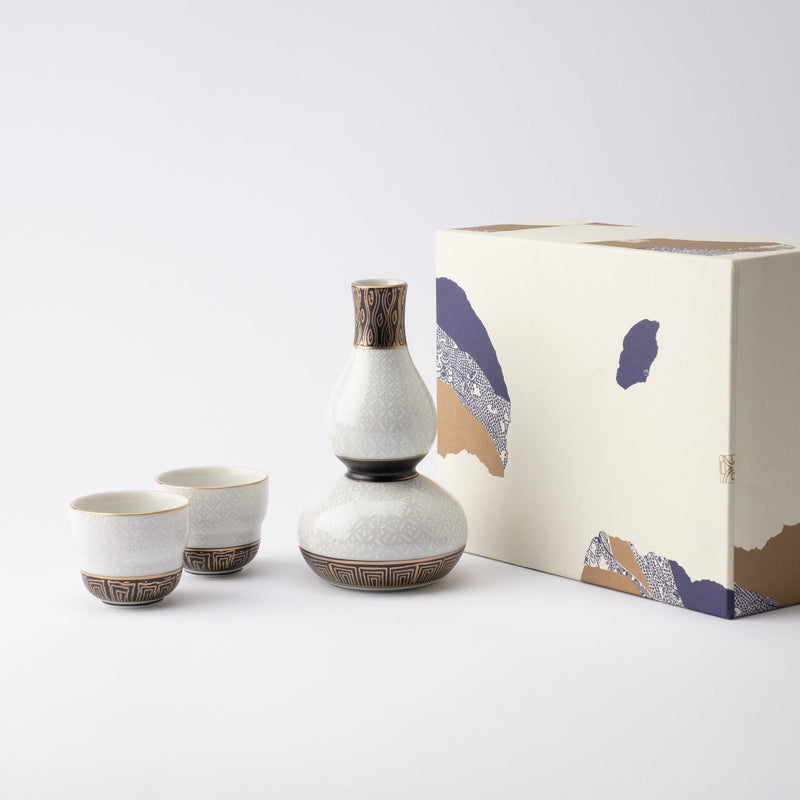 White Cloisonne Kutani Sake Set - MUSUBI KILN - Quality Japanese Tableware and Gift