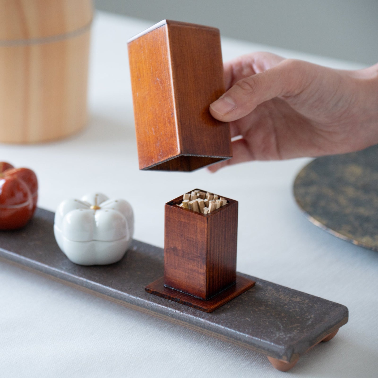 Wood Grain Square Toothpick Holder with Lid