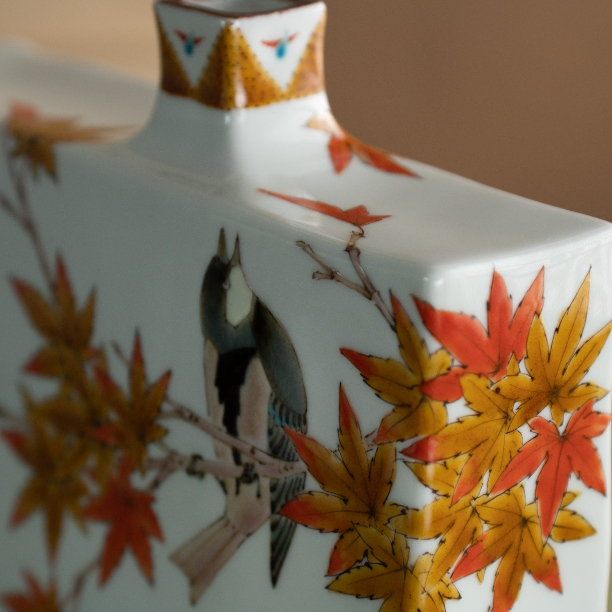 Yamada Yoshiaki Red Leaves and Chickadee Japanese Flower Vase - MUSUBI KILN - Quality Japanese Tableware and Gift