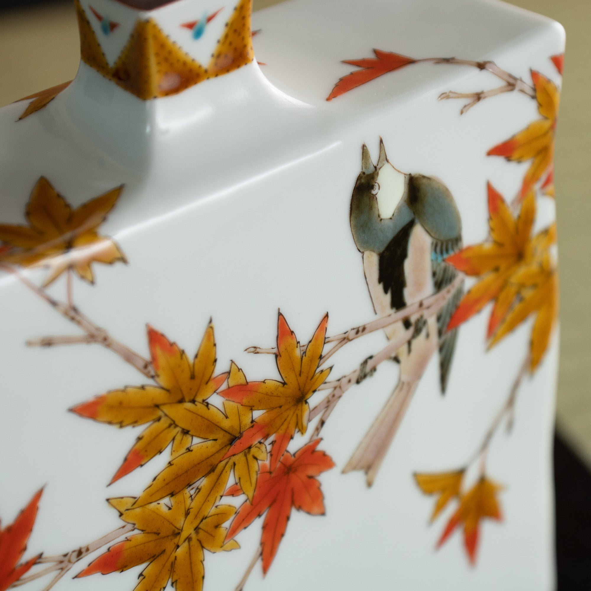 Yamada Yoshiaki Red Leaves and Chickadee Japanese Flower Vase - MUSUBI KILN - Quality Japanese Tableware and Gift