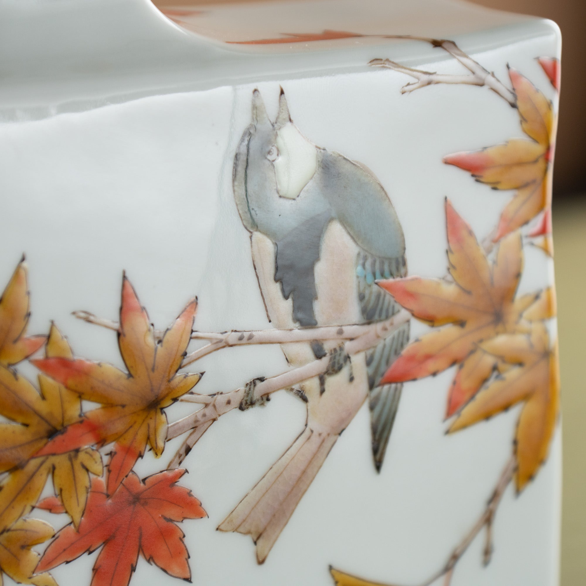 Yamada Yoshiaki Red Leaves and Chickadee Japanese Flower Vase - MUSUBI KILN - Quality Japanese Tableware and Gift