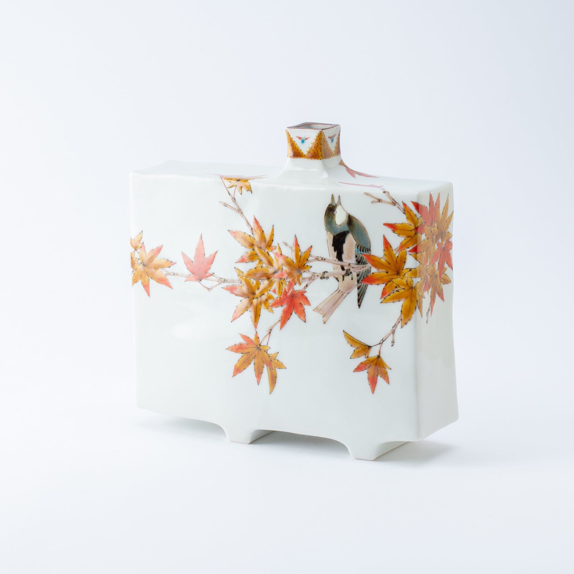 Yamada Yoshiaki Red Leaves and Chickadee Japanese Flower Vase - MUSUBI KILN - Quality Japanese Tableware and Gift