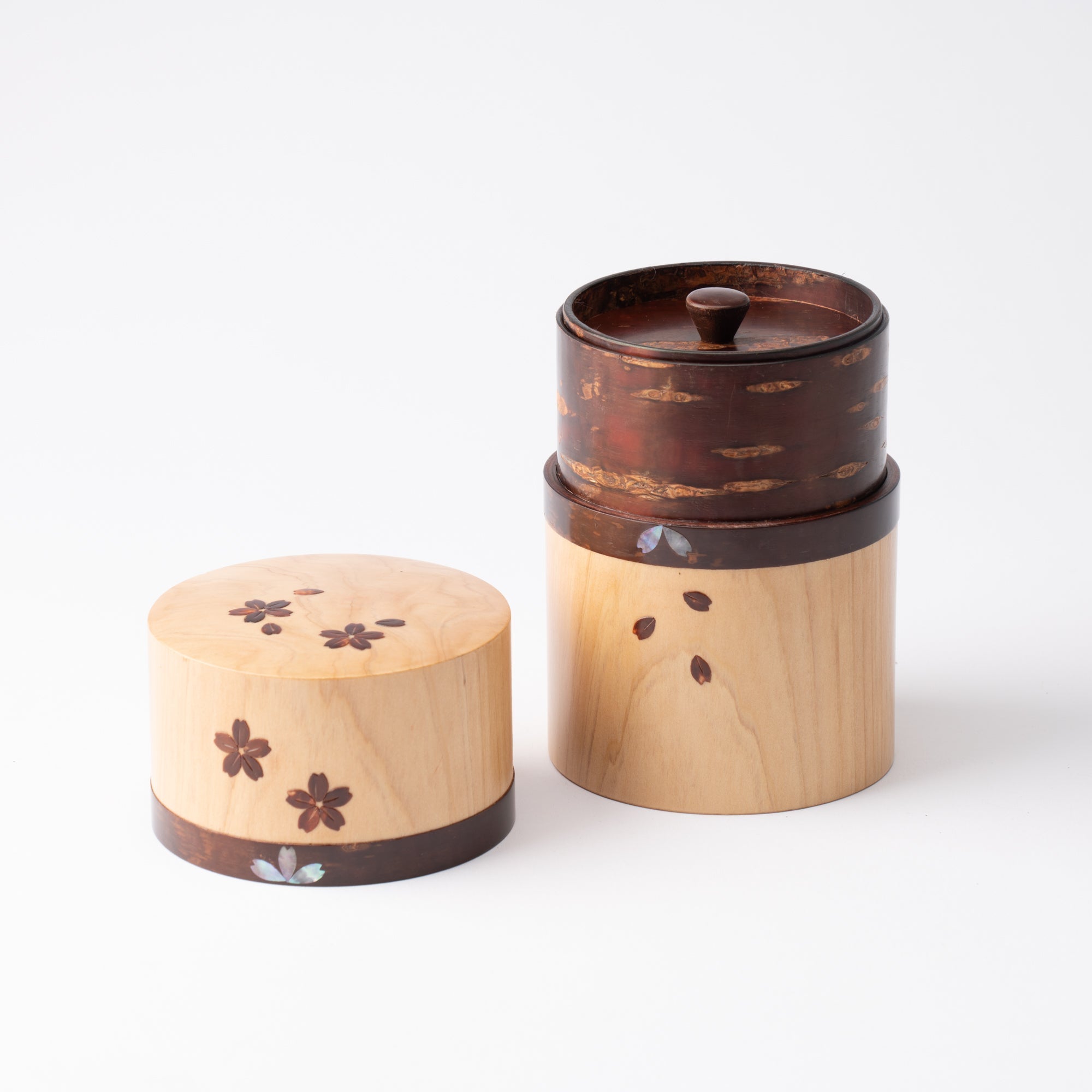 Yatsuyanagi Shell Inlay Sakura and Cypress Akita Cherry Bark Work Tea Canister - MUSUBI KILN - Quality Japanese Tableware and Gift