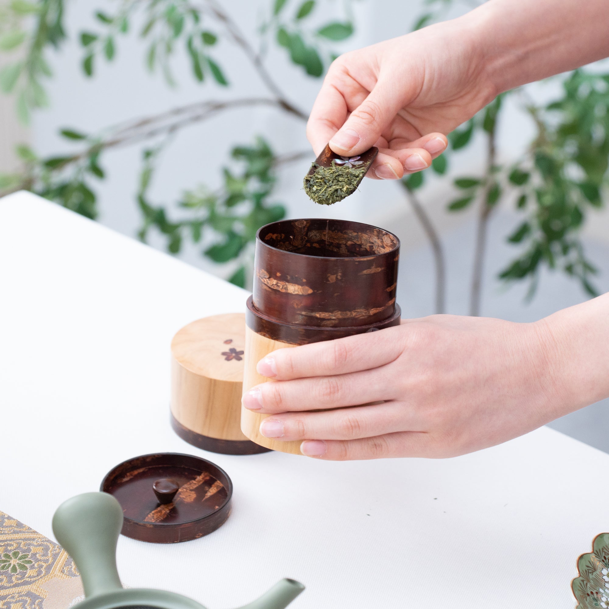 Yatsuyanagi Shell Inlay Sakura and Cypress Akita Cherry Bark Work Tea Canister - MUSUBI KILN - Quality Japanese Tableware and Gift