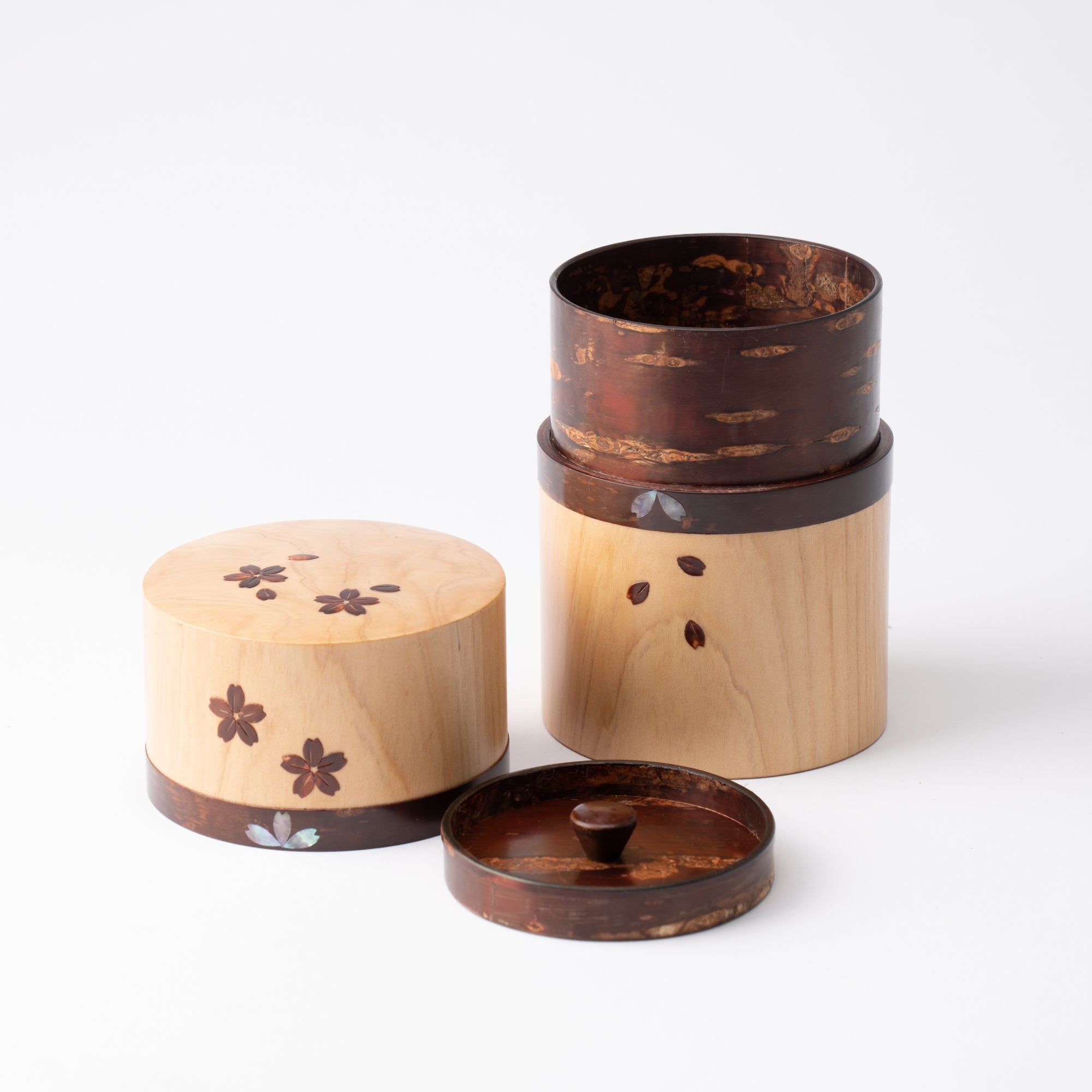 Yatsuyanagi Shell Inlay Sakura and Cypress Akita Cherry Bark Work Tea Canister - MUSUBI KILN - Quality Japanese Tableware and Gift