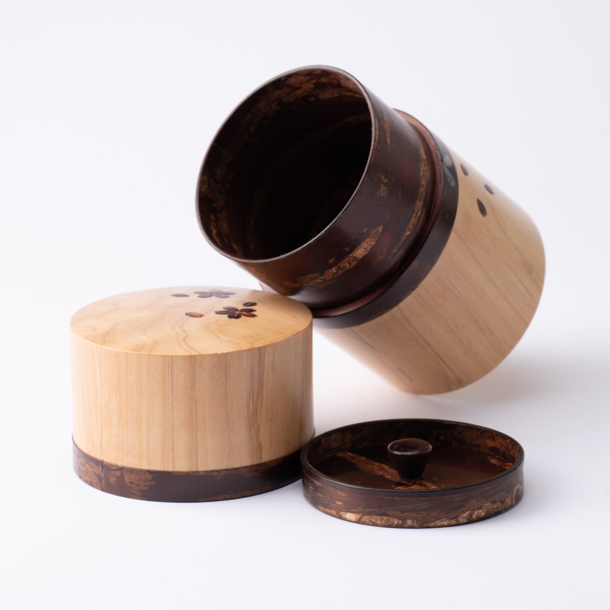 Yatsuyanagi Shell Inlay Sakura and Cypress Akita Cherry Bark Work Tea Canister - MUSUBI KILN - Quality Japanese Tableware and Gift