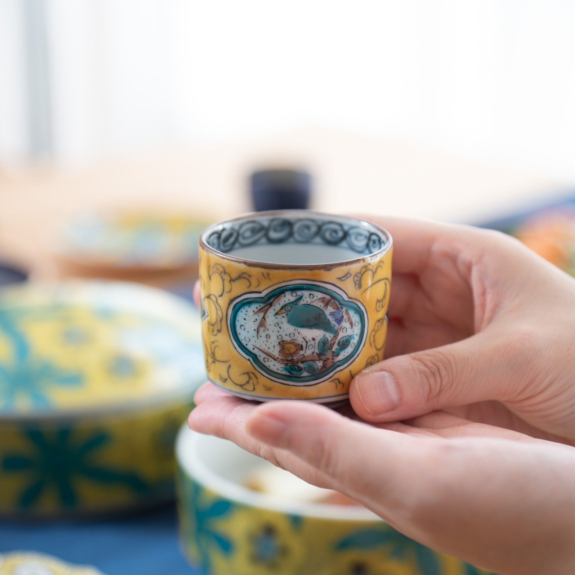 Yellow Ko - Kutani Bird and Branch Kutani Guinomi Sake Cup - MUSUBI KILN - Quality Japanese Tableware and Gift