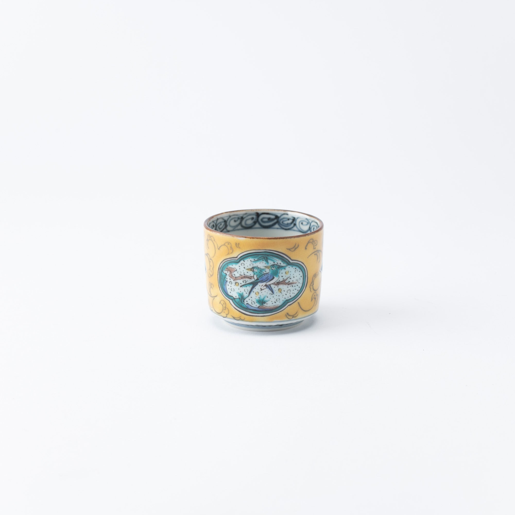 Yellow Ko - Kutani Bird and Branch Kutani Guinomi Sake Cup - MUSUBI KILN - Quality Japanese Tableware and Gift