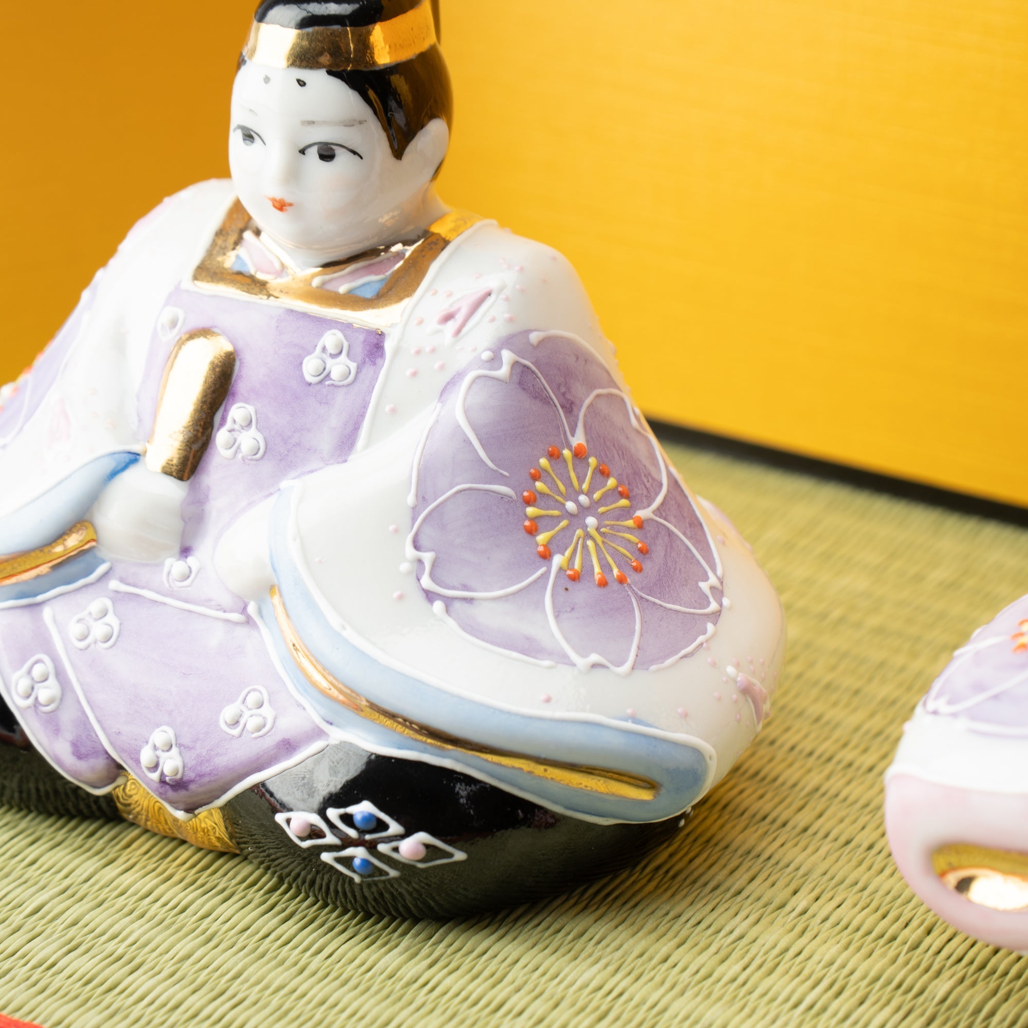 Yoneda Yuzan Purple Sakura Kutani Hina Dolls with Mini Tatami Mat - MUSUBI KILN - Quality Japanese Tableware and Gift