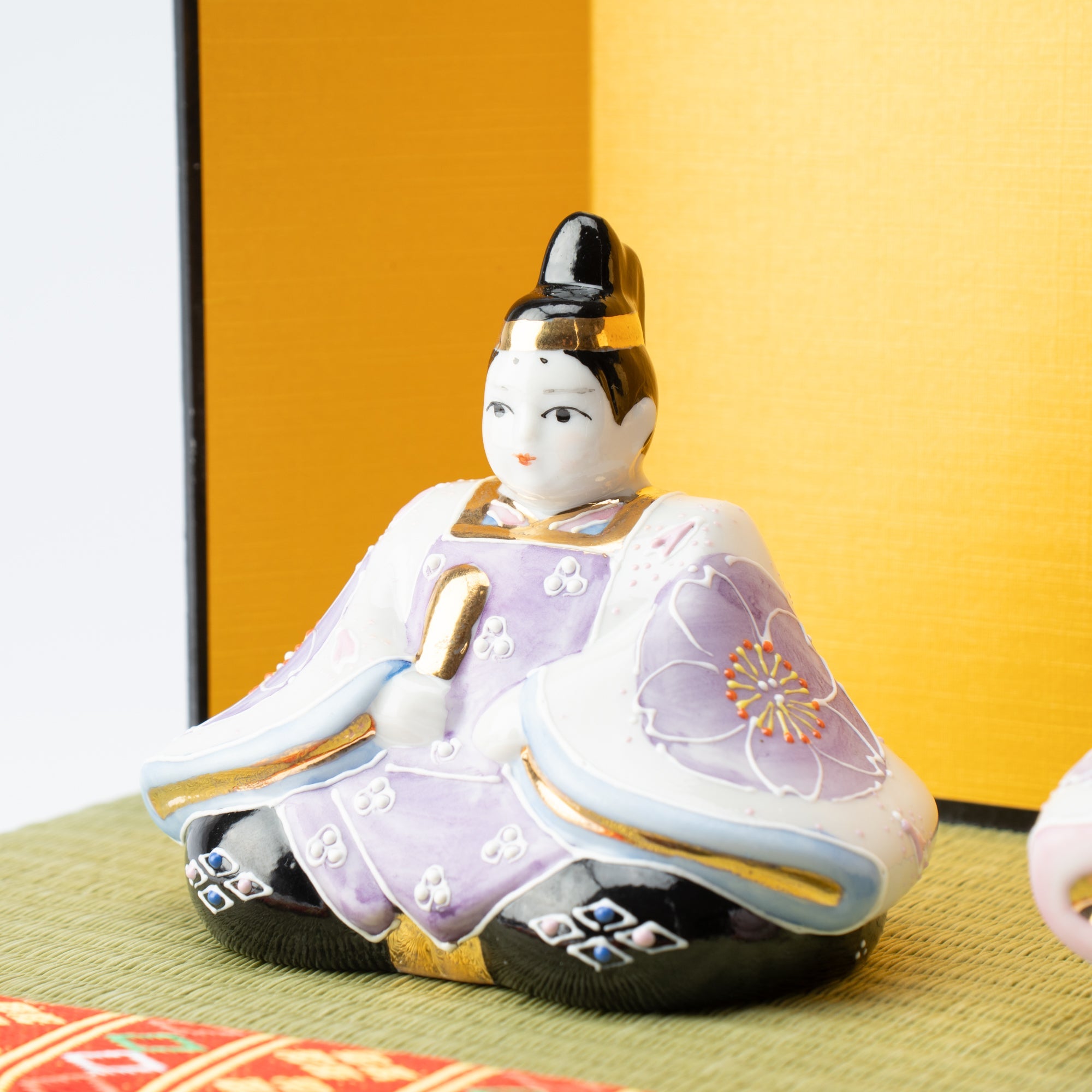 Yoneda Yuzan Purple Sakura Kutani Hina Dolls with Mini Tatami Mat - MUSUBI KILN - Quality Japanese Tableware and Gift