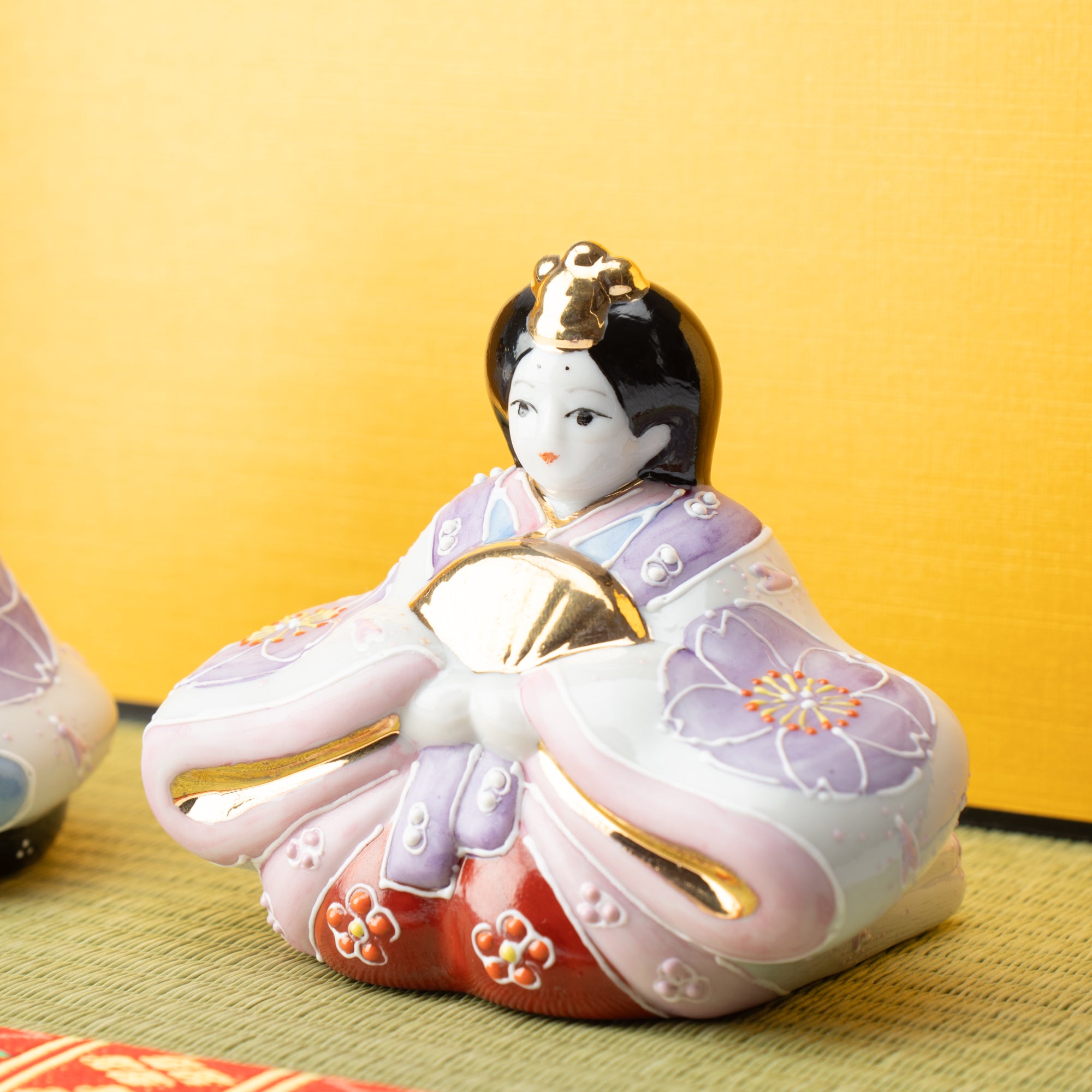 Yoneda Yuzan Purple Sakura Kutani Hina Dolls with Mini Tatami Mat - MUSUBI KILN - Quality Japanese Tableware and Gift