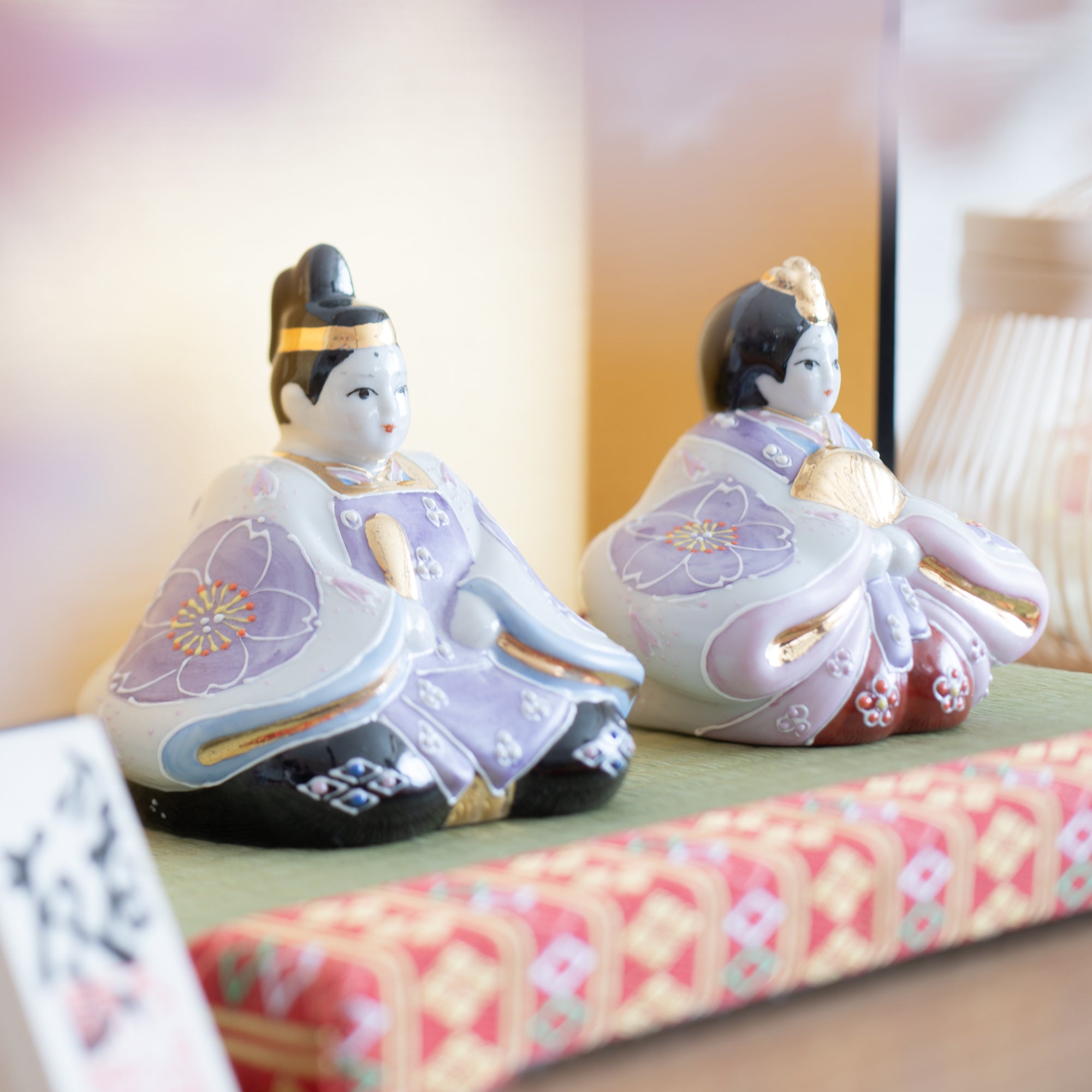 Yoneda Yuzan Purple Sakura Kutani Hina Dolls with Mini Tatami Mat - MUSUBI KILN - Quality Japanese Tableware and Gift