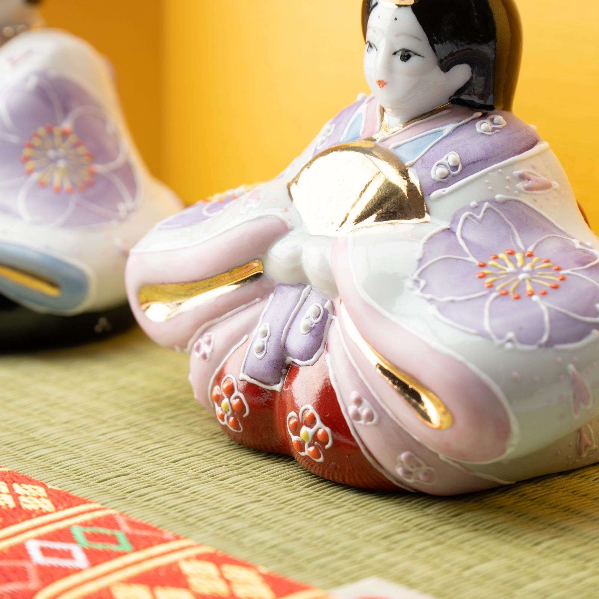 Yoneda Yuzan Purple Sakura Kutani Hina Dolls with Mini Tatami Mat - MUSUBI KILN - Quality Japanese Tableware and Gift