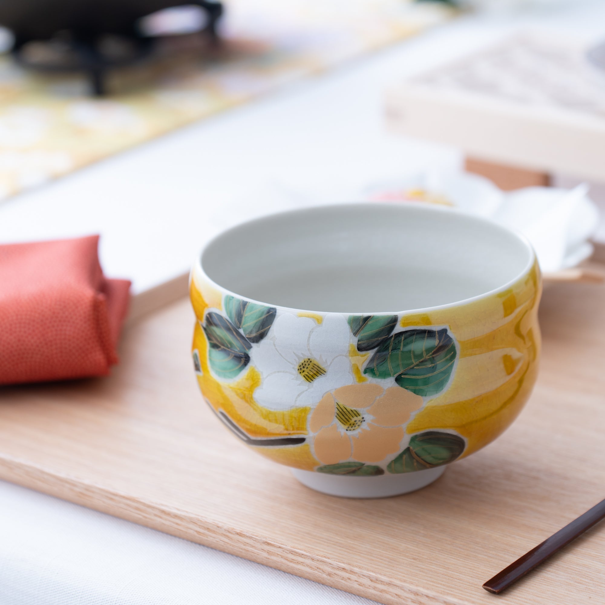 Yoshidaya Camellia Kutani Matcha Bowl Chawan - MUSUBI KILN - Quality Japanese Tableware and Gift