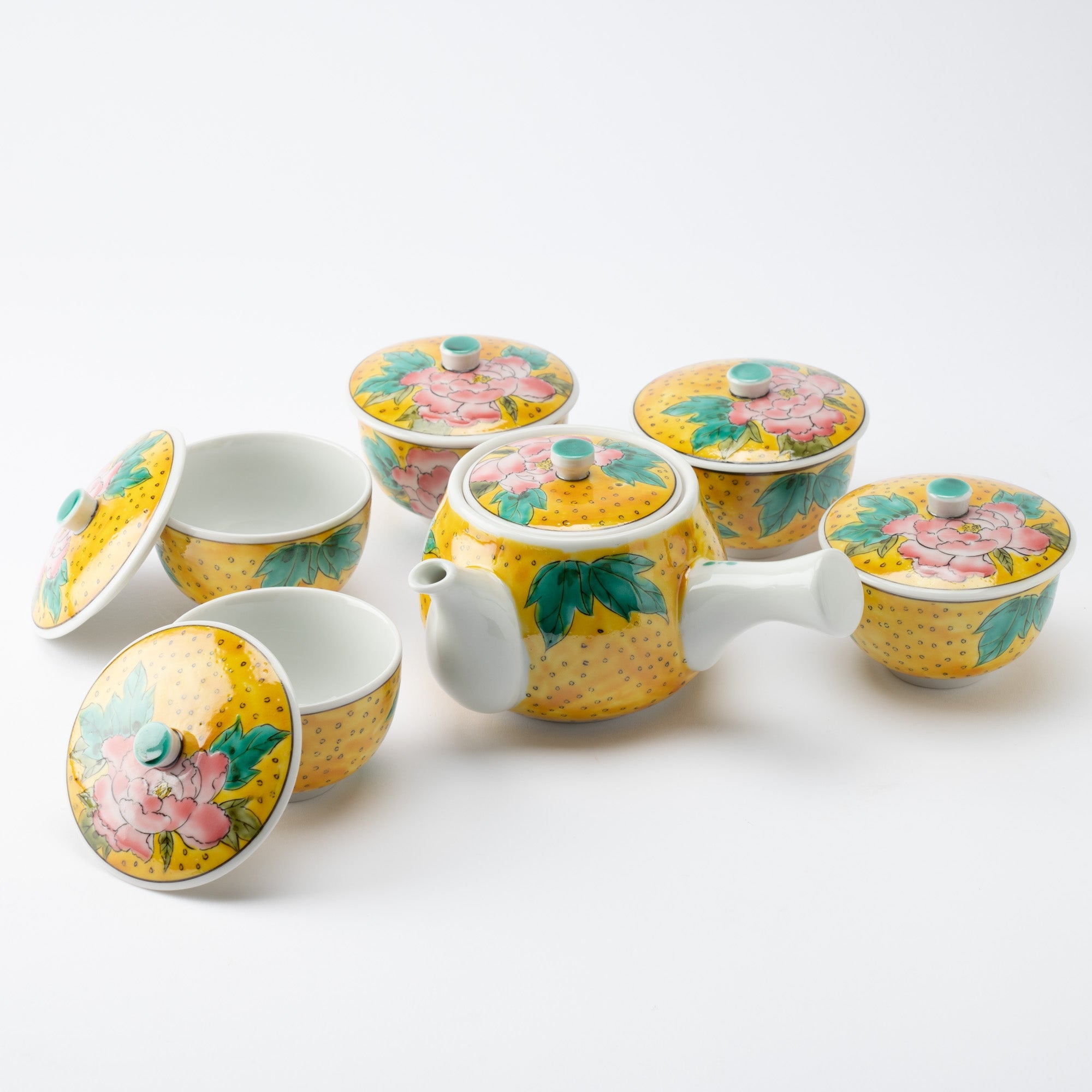 Yoshidaya Peony Kutani Japanese Teapot Set - MUSUBI KILN - Quality Japanese Tableware and Gift