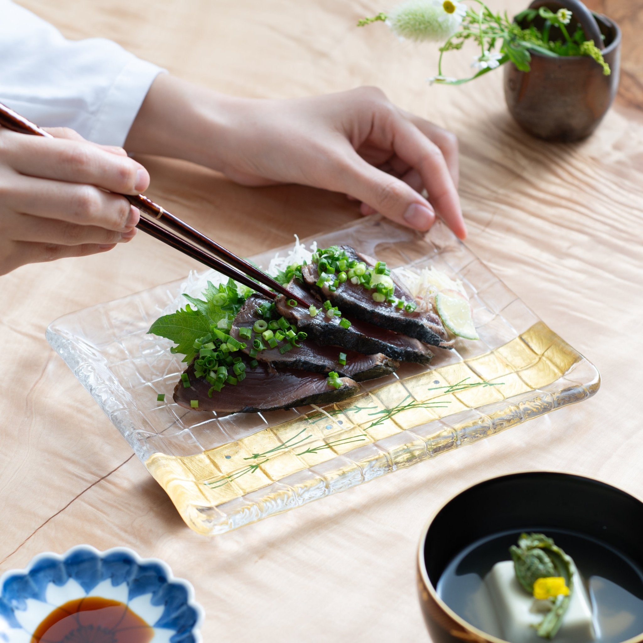 Yoshita Kasho Glass Pine Needles Maki - e Rectangle Plate - MUSUBI KILN - Quality Japanese Tableware and Gift