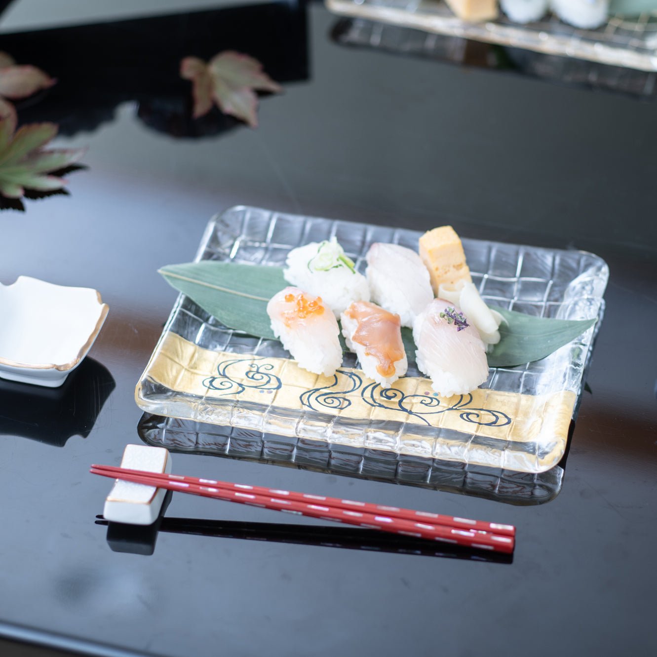 Yoshita Kasho Water Stream Maki - e Glass Rectangle Plate - MUSUBI KILN - Quality Japanese Tableware and Gift