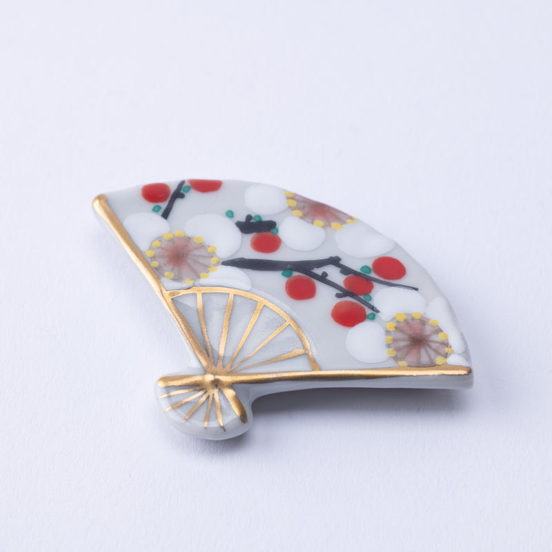 Red and White Plum Blossom Fan Kyo Ware Chopstick Rest Set