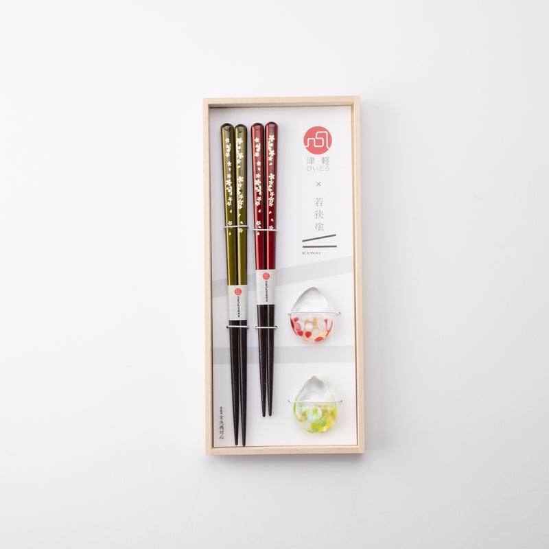 Cherry Blossoms Wakasa Lacquerware Chopsticks 23cm(9in)/21cm(8.3in) and Apple Chopstick Rests (Set of Two)