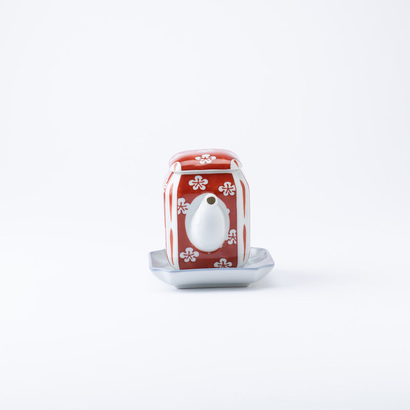 Touzan Kiln Nishiki Red Plum Blossom Arita Ware Soy Sauce Dispenser and Saucer Set