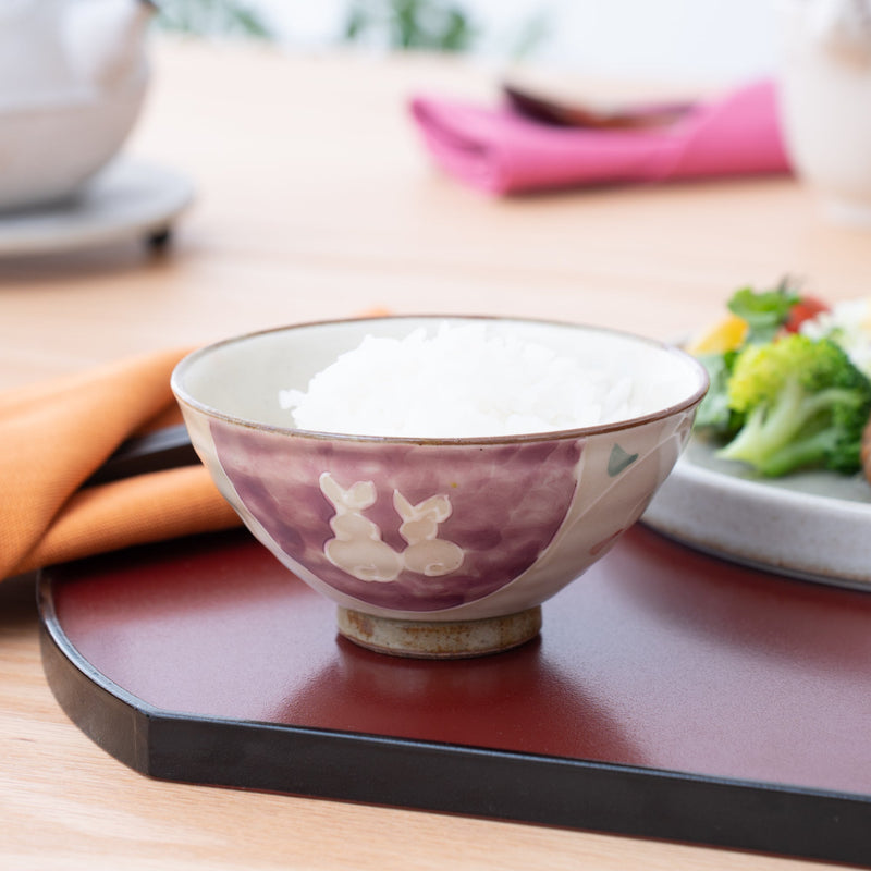 Aizen Kiln Pink Rabbit Hasami Children's Small Japanese Rice Bowl - MUSUBI KILN - Quality Japanese Tableware and Gift